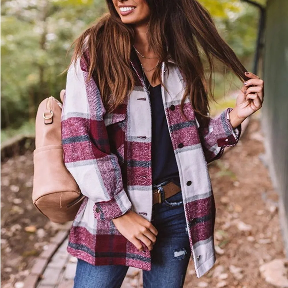 Purple Fall Plaids women button front shirt shacket